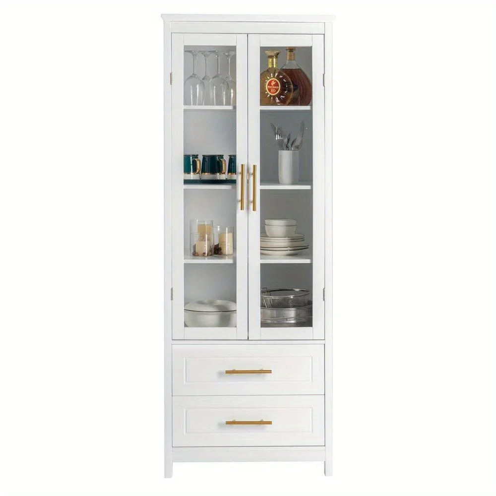 Glass Door Display Cabinet Floor Standing w/ 2 Drawer Storage Cabinet Bookshelf