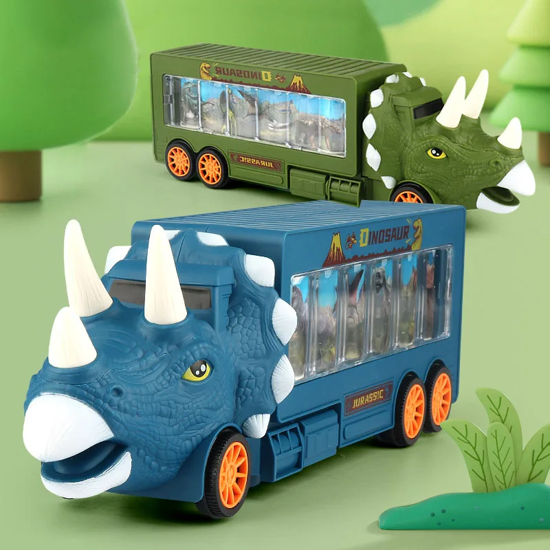 Children's Dinosaur Car Toy Dino Transport Truck Jurassic World Triceratops Vehicle Model with Sound Light Toy for Kids Boy Gift