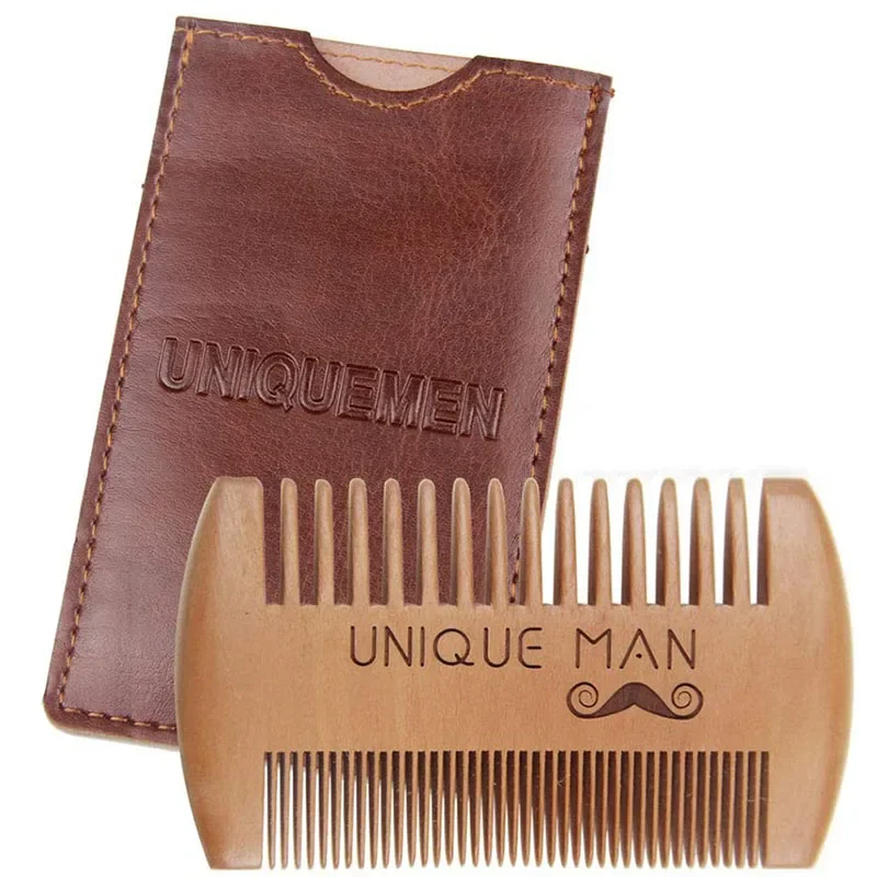 Spazzola per capelli in legno naturale Pettine per barba con custodia in pelle PU Anti-Static Mustache Pocket Comb spazzolatura strumenti per la cura dei capelli per gli uomini regalo