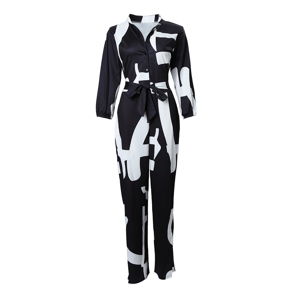 Women Abstract Print Long Sleeve Wide Leg Jumpsuit Party Wear Fashion Femme V Neck Overalls With Belt Lady Jumpsuts Robe Femme
