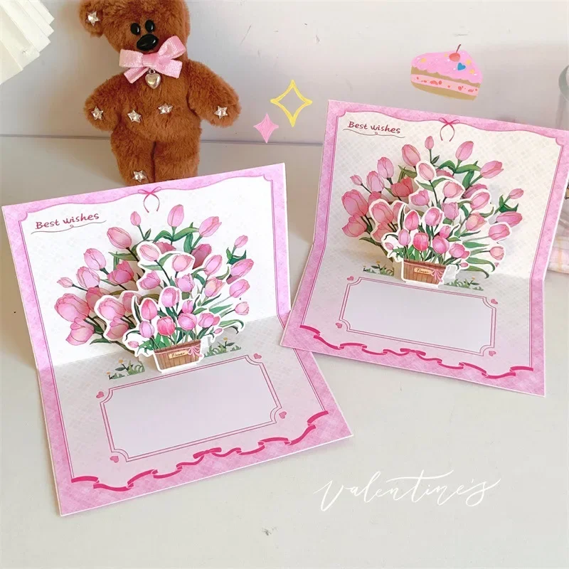 2pcs Cute Tulip 3D Greeting Card Flower Pop Up Cards with Envelope for Kids Adult Teacher Happy Birthday Gift