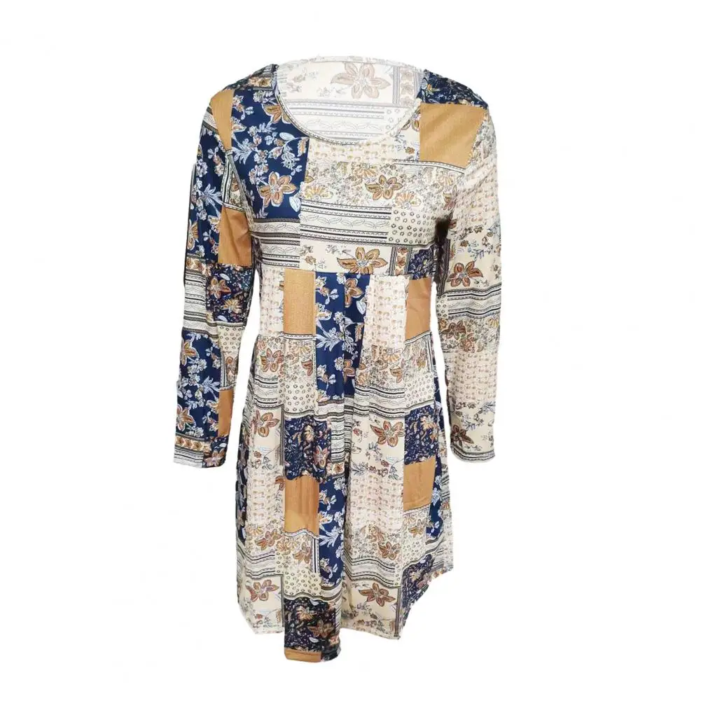 

Women Spring Dress Retro Ethnic Print Long Sleeve Mini Dress for Women Soft Breathable O Neck Pullover Above Knee for Women