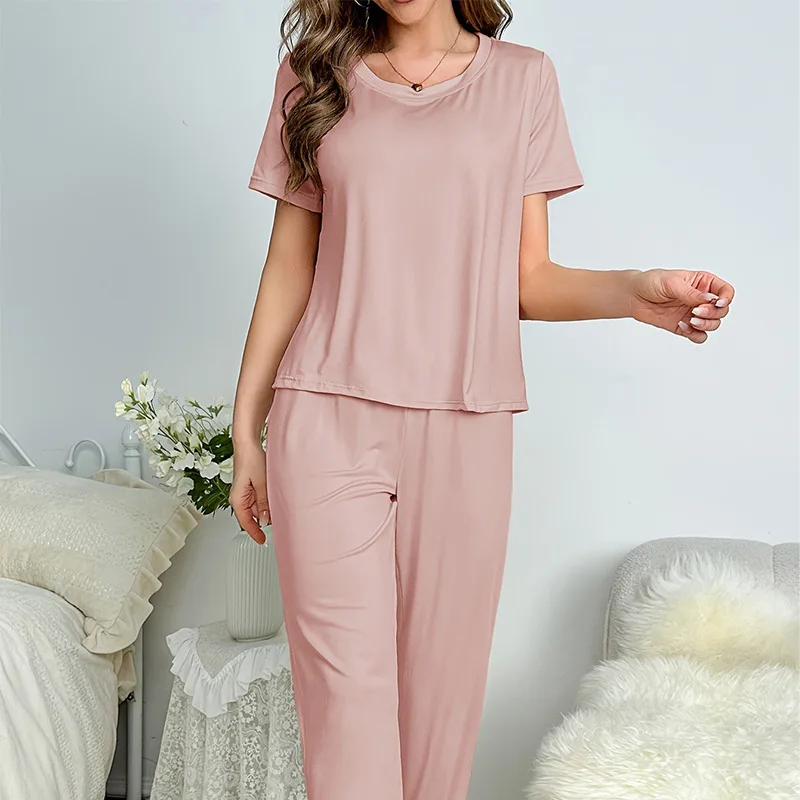 Spring and Summer New Pajamas for Women Milk Silk Short-sleeved Trousers Suit Classic Solid Color Casual Home Wear