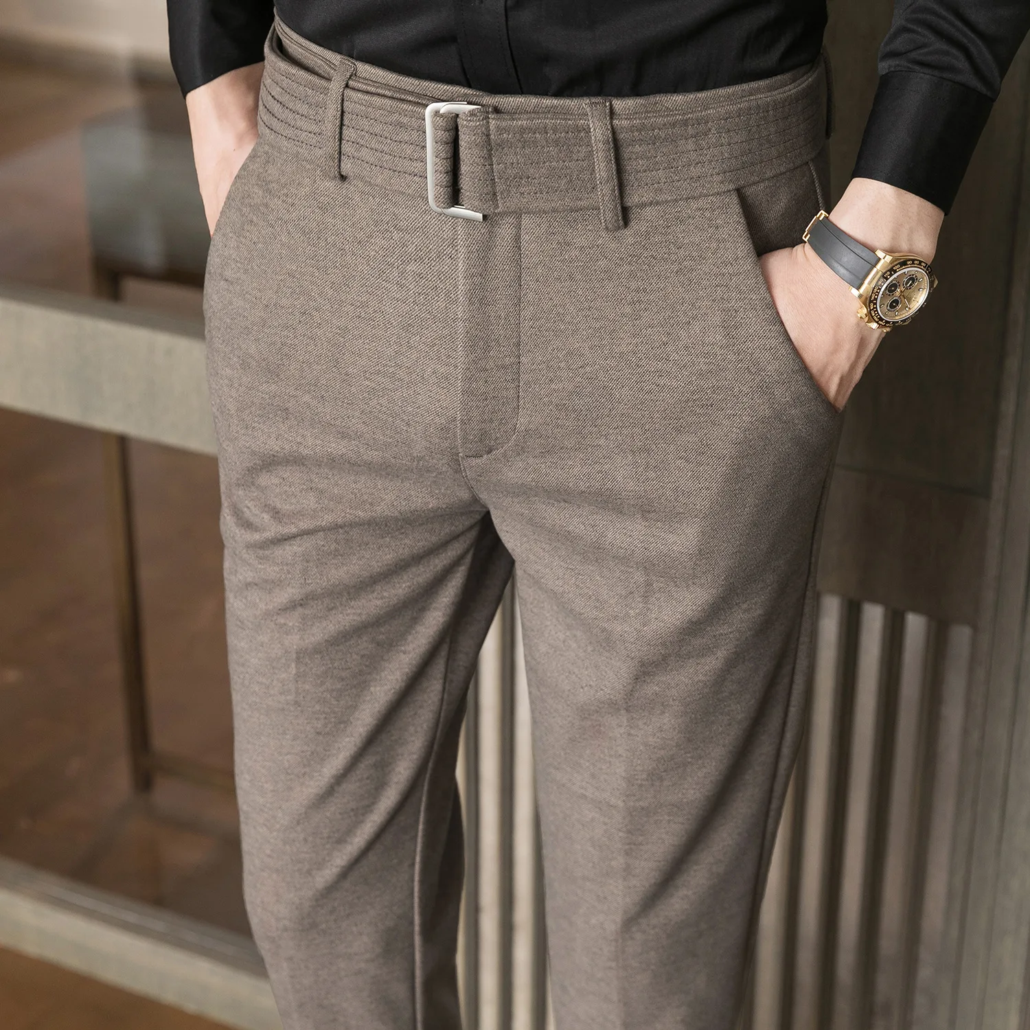 

Winter Khaki Black Long Straight Slilm Fit Woolen Pants Men Business Office Wear Thick Casual Suit Pants Oversize Trousers Male
