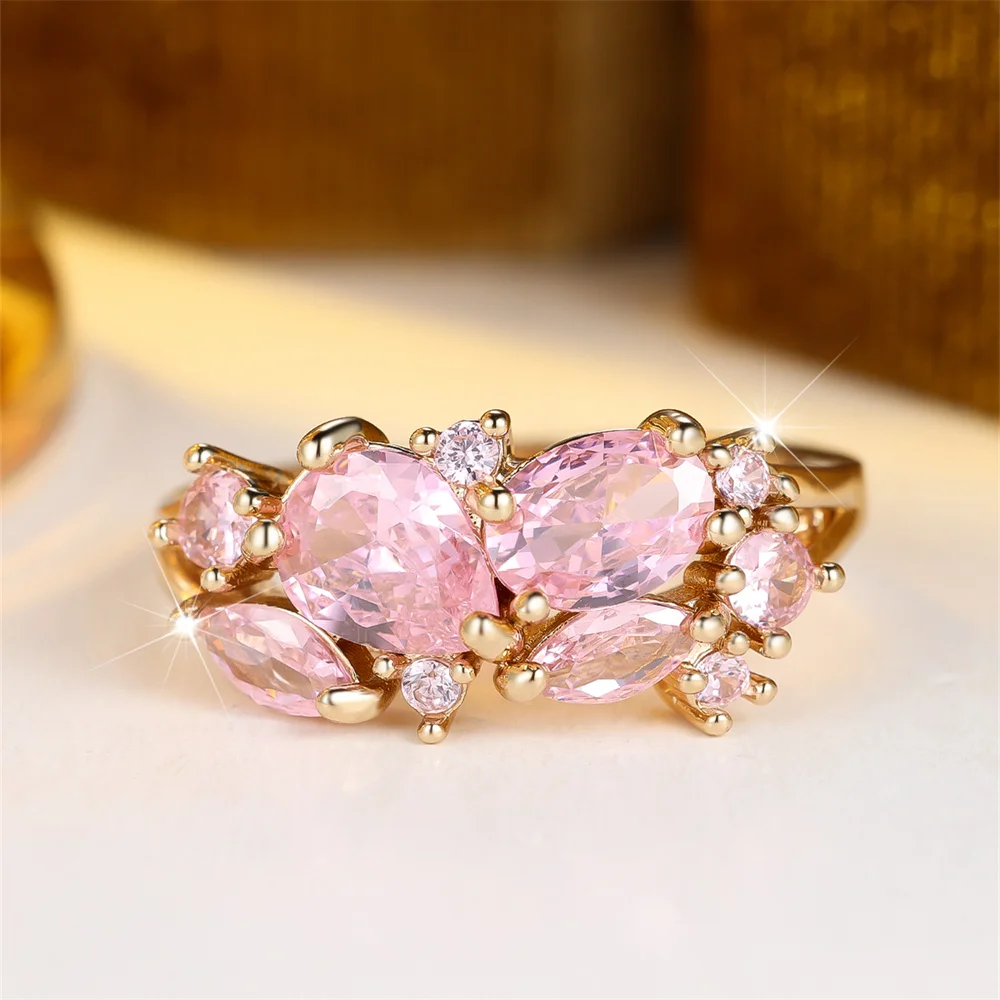Elegant Pink Zircon Water Drop Stone Rings For Women Vintage Gold Color Engagement Ring Wedding Jewelry Bridal Versatile Gifts