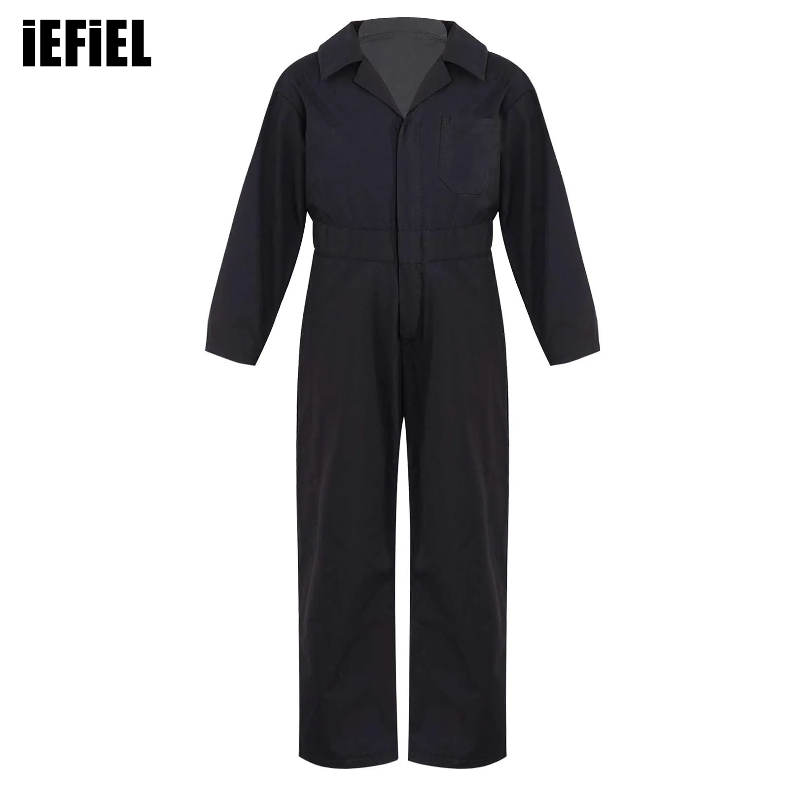 

Kids Boys Turndown Collar Zipper Closure Jumpsuit Front Solid Color Coverall Style Stylish Clothing Long Sleeve
