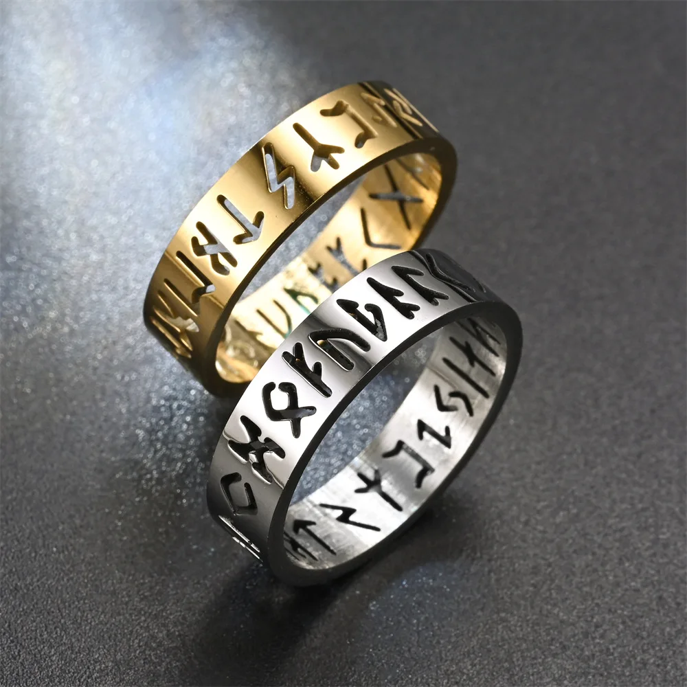 2023 Nuovo anello scavato in acciaio inossidabile per uomo Donna Moda Hollow Rune Design Finger Anillo Antiestres Anelli di ansia - immagine 5