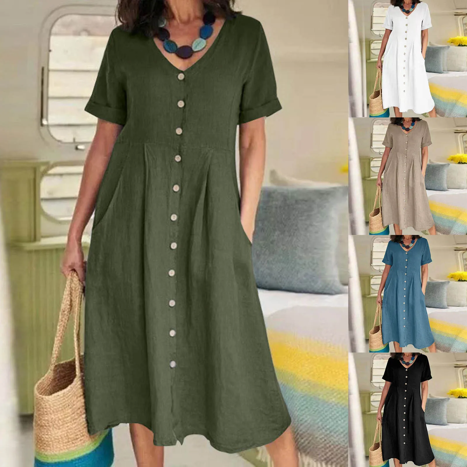 

Womens Cotton Dress Summer Long Dresses With Pockets Bohemian Print Ruffles Cocktail Evening Formal Dress