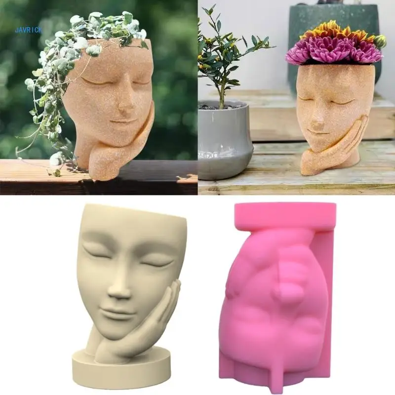 Garden Statues Face Holding Girl Flower Pot Mold Unique Pen Holder Resin Mold