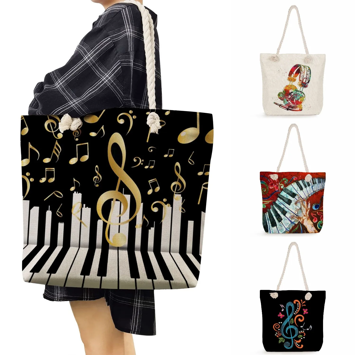 Guitar Piano Graphic Outdoor Shoulder Bags Traveling Music Note Print With Tote Bags High Capacity Handbags For Women Fashion