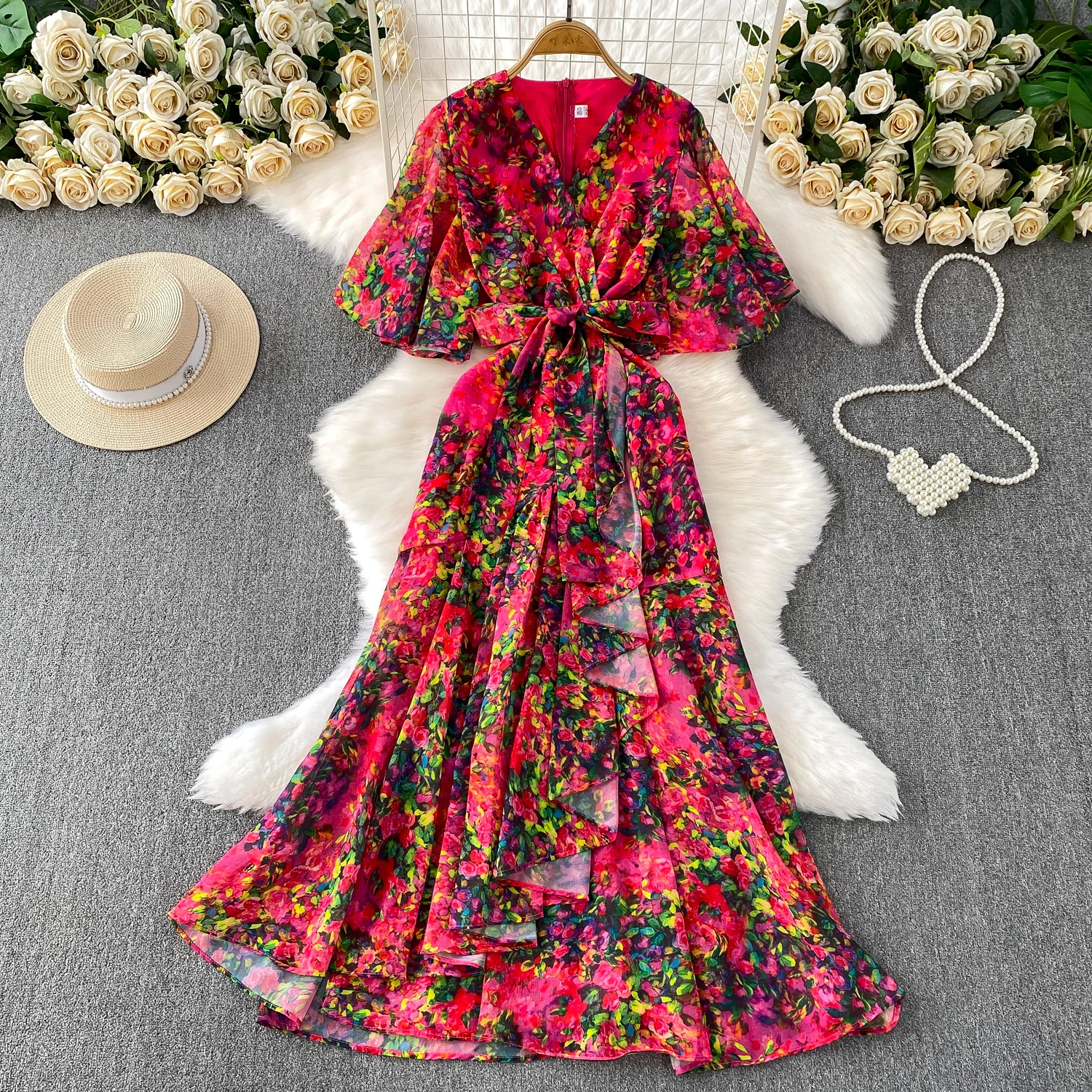 Summer Women Red/White/Yellow Floral Printed Irregular Ruffle Long Dress Vintage V-Neck Puff Sleeve Elegant Dress With Belt New