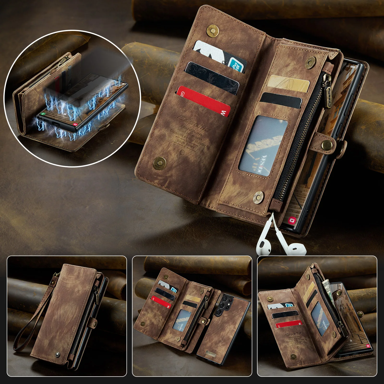 

2 in 1 Cards Bag Zipper Wallet Leather Case for Samsung S23 Ultra S22 S21 FE S20 Plus A34 A54 A14 A12 A52 A53 Note20 Purse Cover