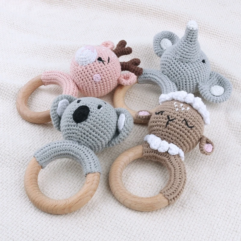 Hochet en Crochet pour bébé, anneau en bois kawaii, hochet pour nouveau-né, jouets + attache-sucette faits à la main, jouets éducatifs pour enfants