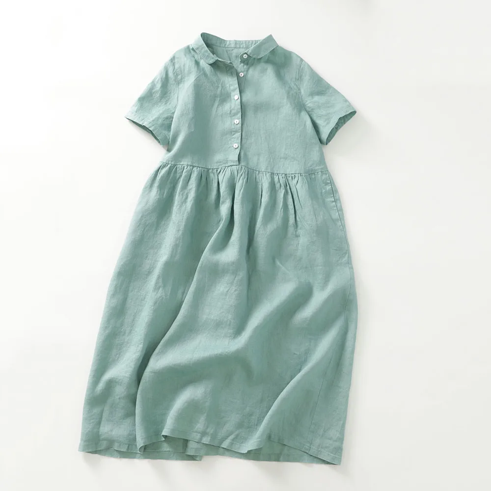 Шикарное платье из хлопка и льна, женское летнее однотонное платье с коротким рукавом и круглым вырезом, винтажный Повседневный Сарафан, праздничное и дорожное платье, 2024
