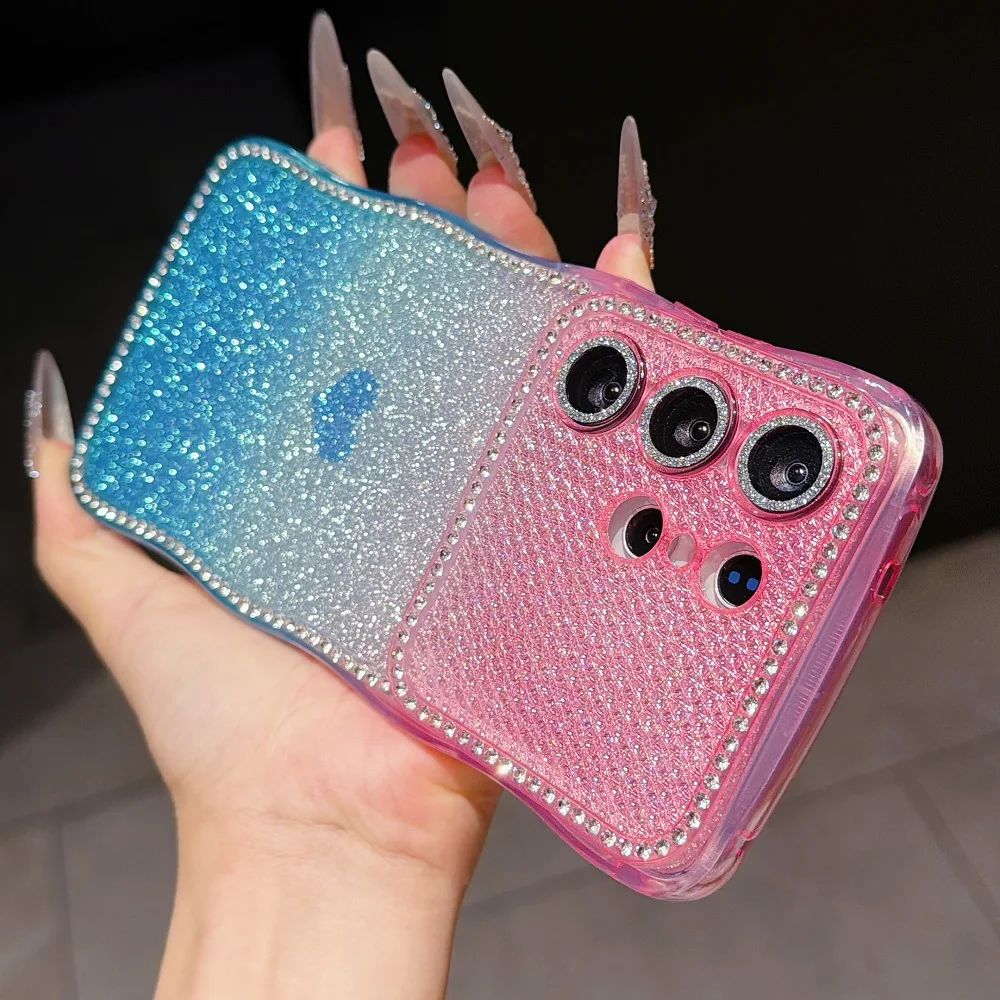 Super Glitter Diamonds Love Heart Phone Case with Wave Gradient and Camera Protection