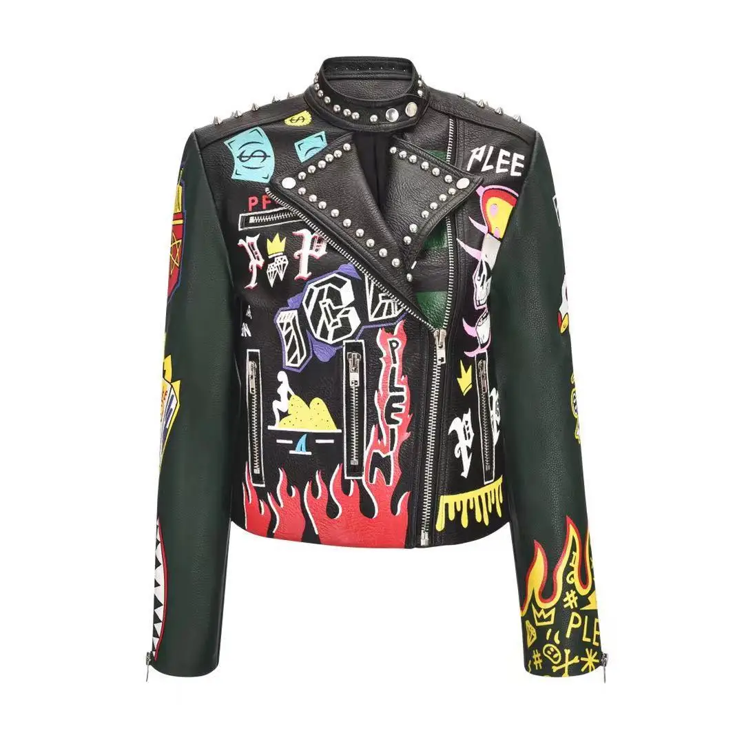 

Autumn New Leather Clothes Women Graffiti Print Slim PU Jacket Rock Rivet Punk Costume Female Short Windbreak Motorcycle Coat