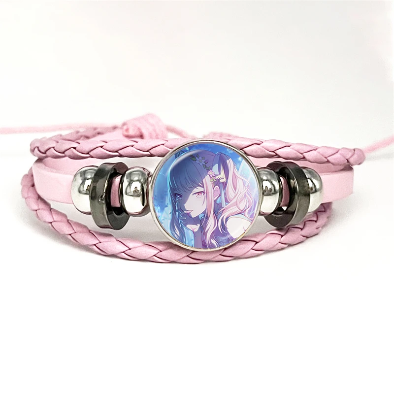 Project SEKAI Anime Akiyama Mizuki Nightcord Pink Leather Bracelet Glass Cabochon Button Multilayer Bangles Wristband Gift