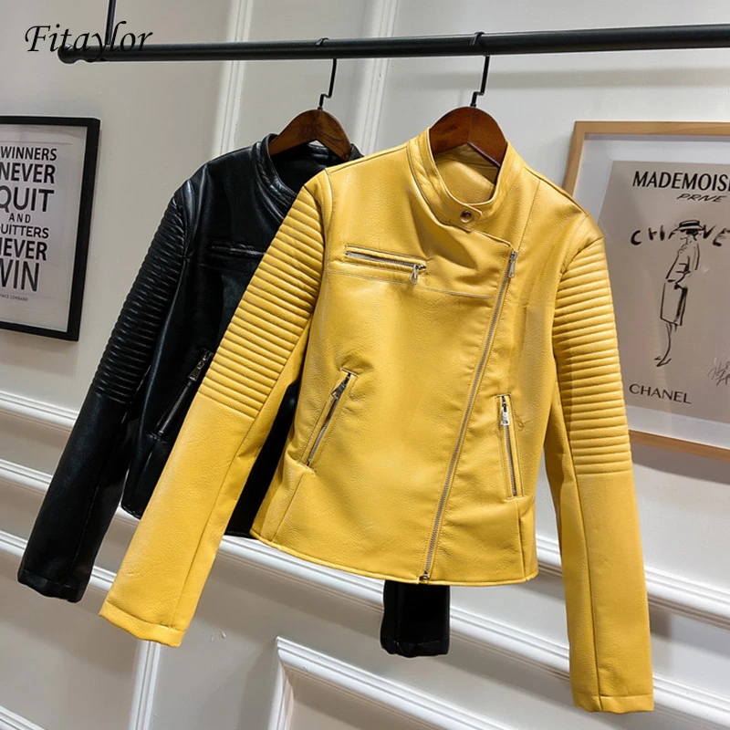 Fitaylor Yellow Faux Leather Jackets Women Autumn Leather Jacket Female O neck Zipper Long