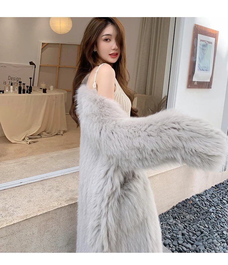 Street Style Fashion Long Sleeve V-neck Women's Faux Fur Coat 2023 Winter Fox Fur Coat Commute Style Long Thick Faux Fur Coat