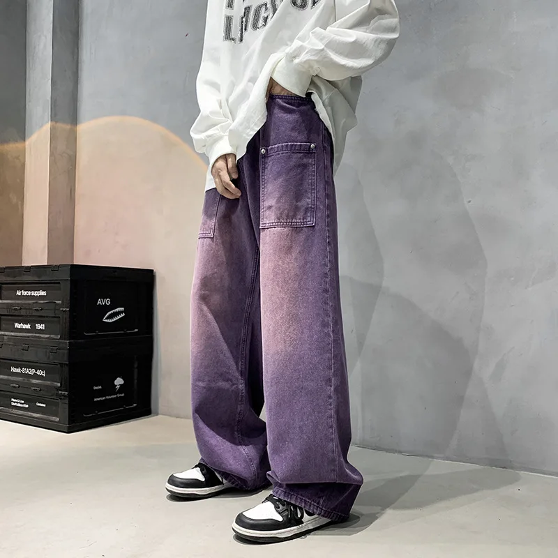 Purple Wide Jeans for Men Ins Fashion Hip Hop Denim Trousers