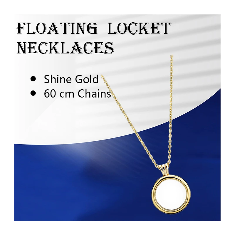 

18K Shine Gold 925 Sterling Silver Floating Locket Pendants Necklaces For Women 60cm Link Chain Sapphire Glass Wall Fine Jewelry