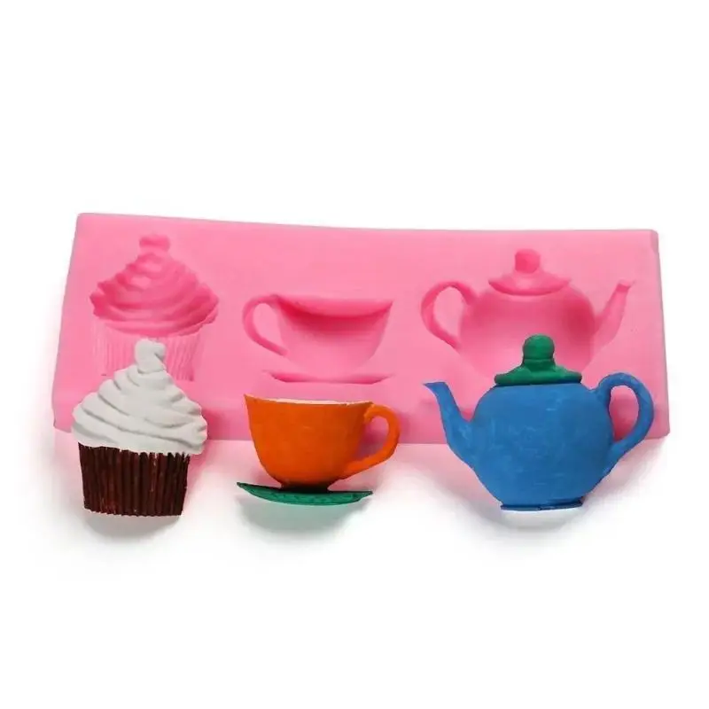 3D Creative Shape Teapot Cup Cupcake Silicone Fondant Mold Cake Pastry Decor Sugar Craft Mould Baking Tools Accessories Supplies
