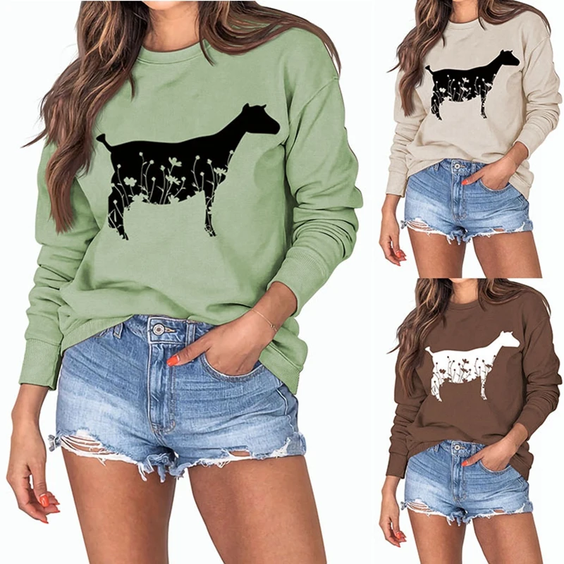 

New Cotton plant flower sheep printing autumn and winter ladies long-sleeved loose retro round neck large size sweater