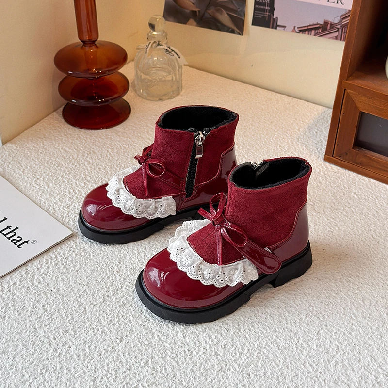 New Girls Platform Ankle Boots Wine Red Bowknot Children Fashion Princess Boots Wedding Party Kids Causal Short Boots Hook Loop