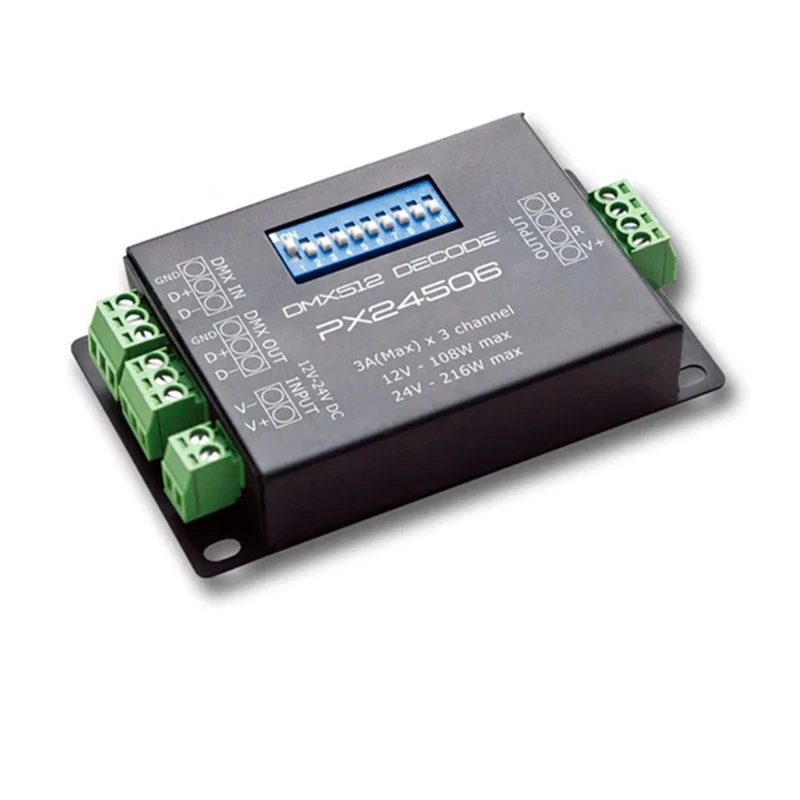 RGB LED 스트립 조명 컨트롤러, LED 디코더, DMX 512 디코더 드라이버, DMX 512 증폭기, PX24506, 9A, 12V, 24V