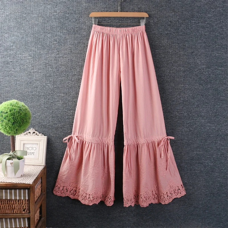 Summer Japan Style Mori Girl Embroidery Cotton and Linen Wide Leg Pants Women Elastic Waist Casual Loose Vintage Pants