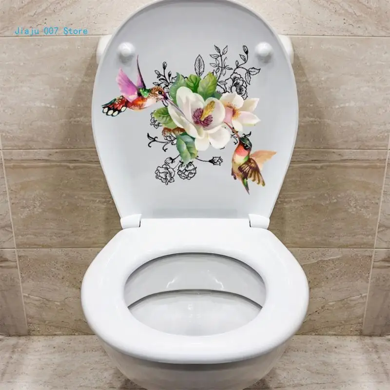Creative Toilet Sticker Flowers and Birds Toilet Lid Decal Stool Commode Sticker Ornament for Bathroom Wall C9GA