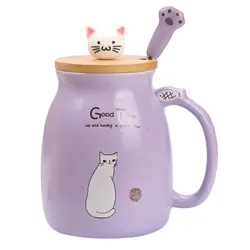 Charming Kawaii Cat Ceramic Mug with Lid and Spoon - Japanese Style Novelty Gift - 401-500ml (PURPLE)
