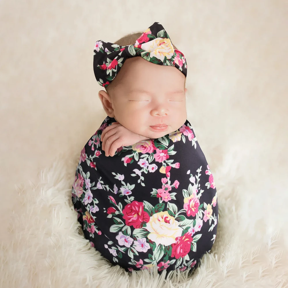 Newborn Photography Blanket Floral Printed Newborn Baby Swaddle Wrap Knotted Hat 2 Pcs Set Infant Photography Shooting Props