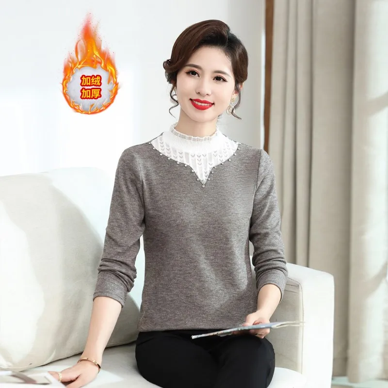 

Spring Autumn Lace stitching Crew Neck Pullover Knitting Sweater New Middle-Aged And Elderly Winter Female Bottoming warm Top