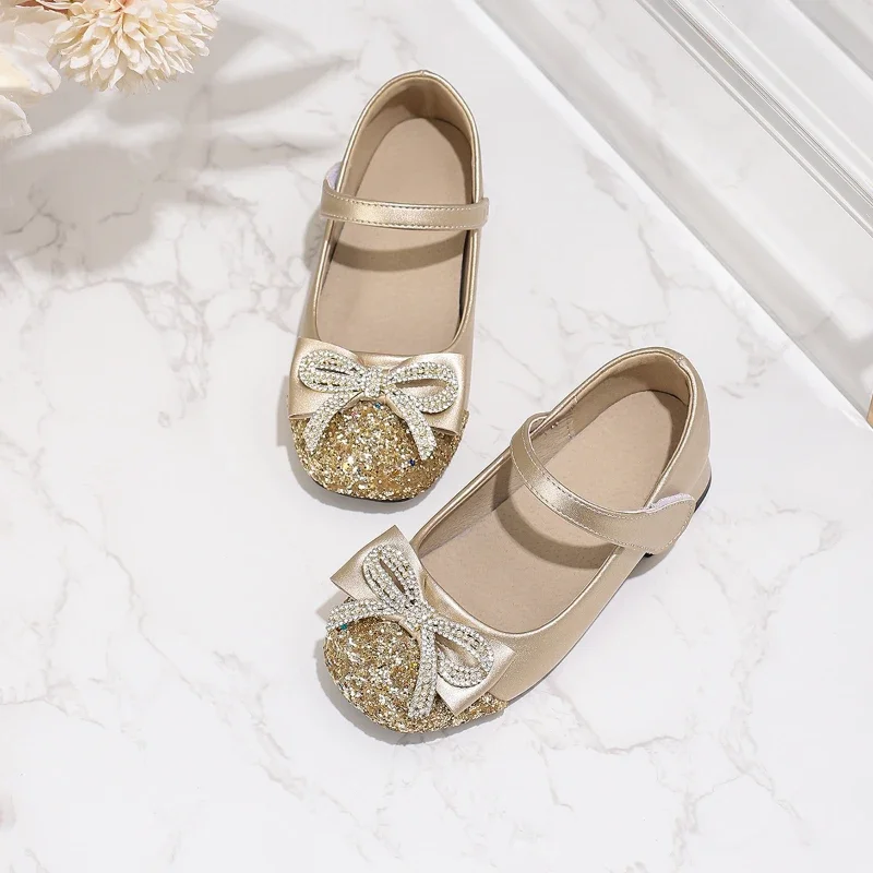 Leather Kids High Heels Shoes with Rhinestone and Sequins for Girls