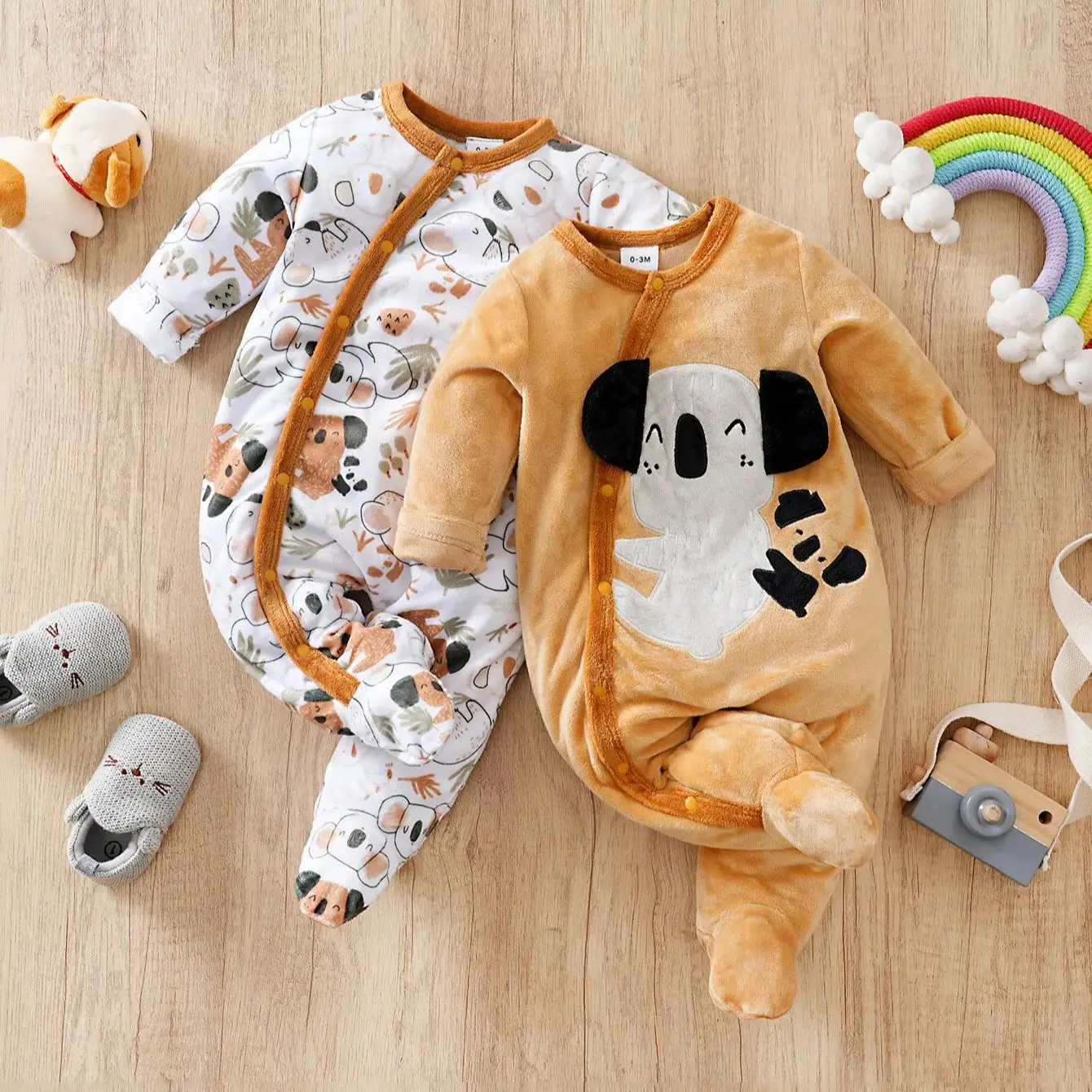 Baby Clothes Baby Sleepsuit Bear Hooded Jumpsuit Lamb Hair Jumpsuit Western Style Jumpsuit 2pcs Newbaby foot jumpsuit Embroidered koala 0-12 months winter comfortable long sleeves Baby Boy's girls Clothing Gift
