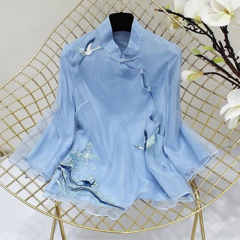 women chinese shirt embroidered top national style Tang shirt retro crane embroidered Chinese top women's new elegant loose white blue Hanbok shirt
