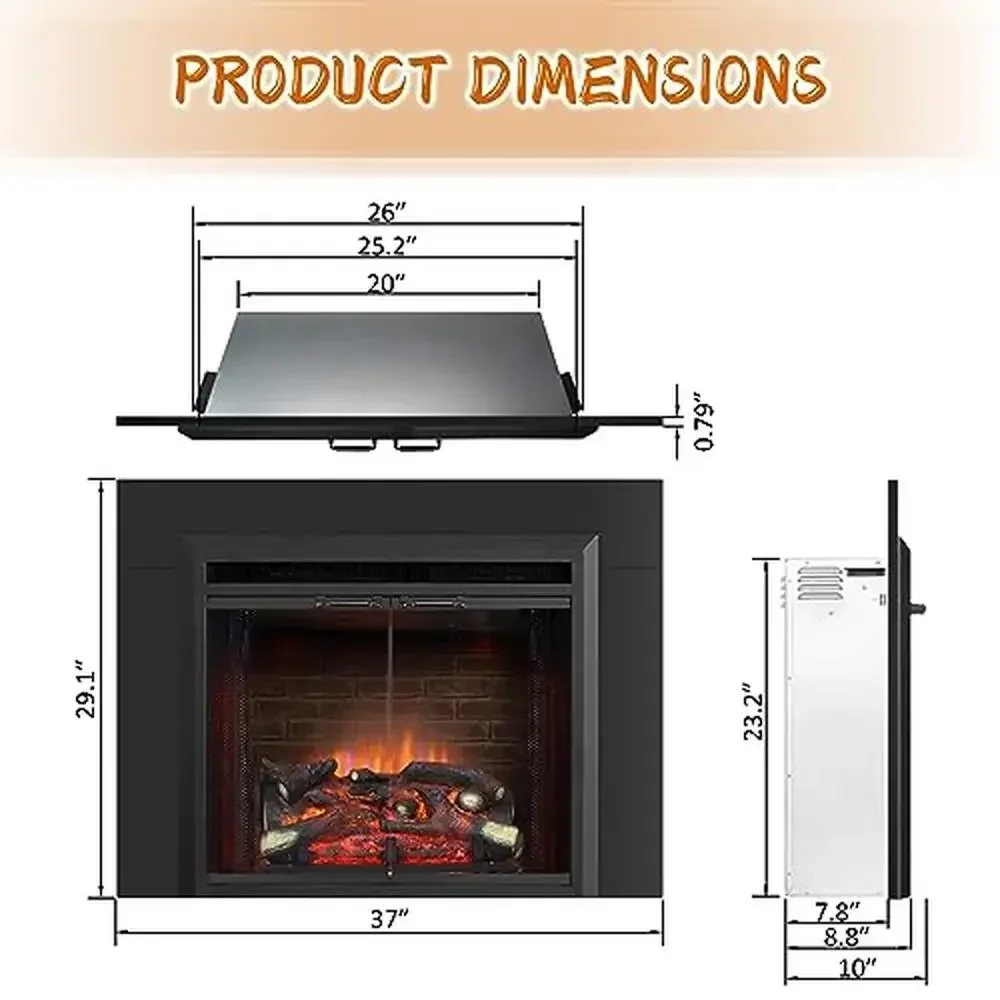 26” Electric Fireplace Insert with Fire Crackling Sound Resin Log Glass Door Mesh Screen 750/1500W Heater Adjustable Thermostat 3