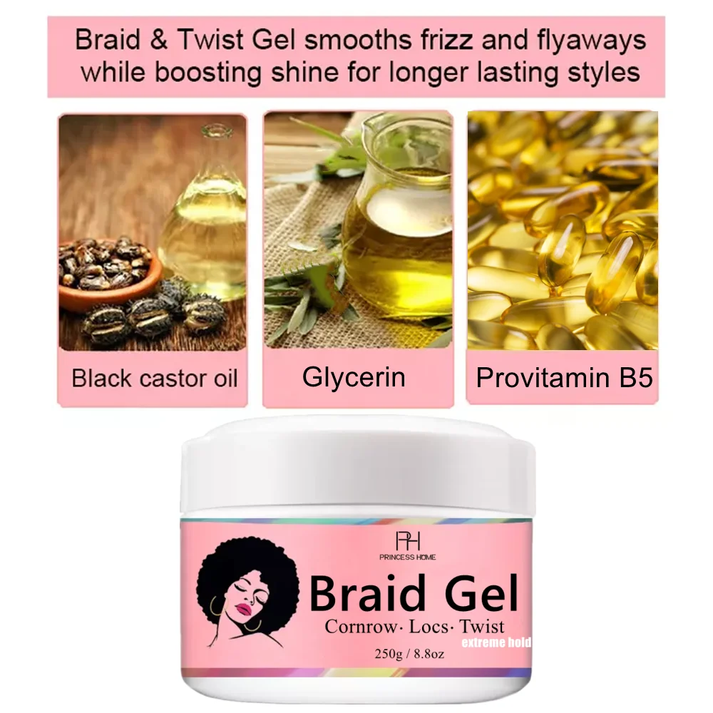 African Hair Styling Products Edge Control Wax Braid Gel 250g Big Size Extra Hold Loc Twist Conditioning Shining Braid Gel