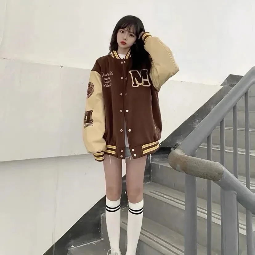 남녀공용 빈티지 스플라이스 야구 유니폼, 가을 겨울 스타일, 학생 기모 라인, 트렌디 브랜드, 커플 루즈핏 재킷