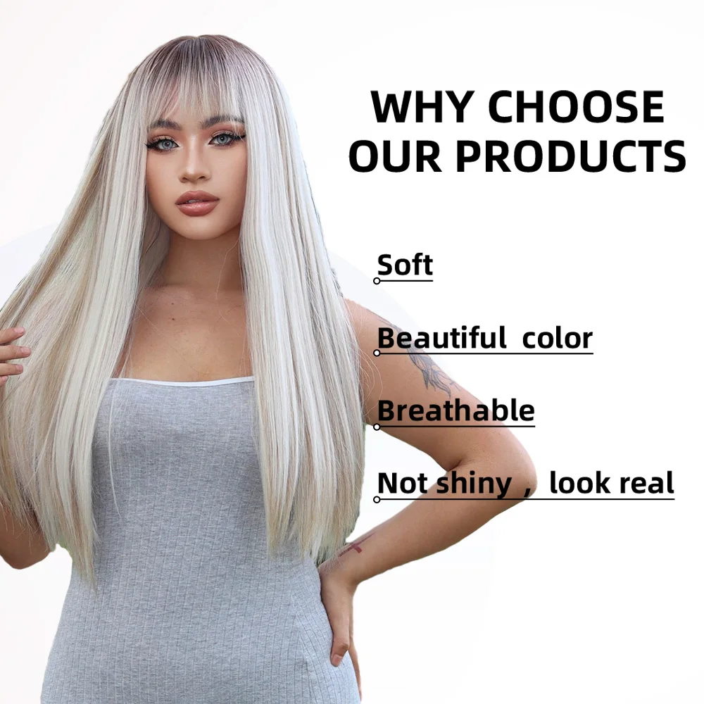 oneNonly Long Blonde Wig for Women Natural Wig with Bangs Synthetic Wigs High Quality Women Party Straight Hair