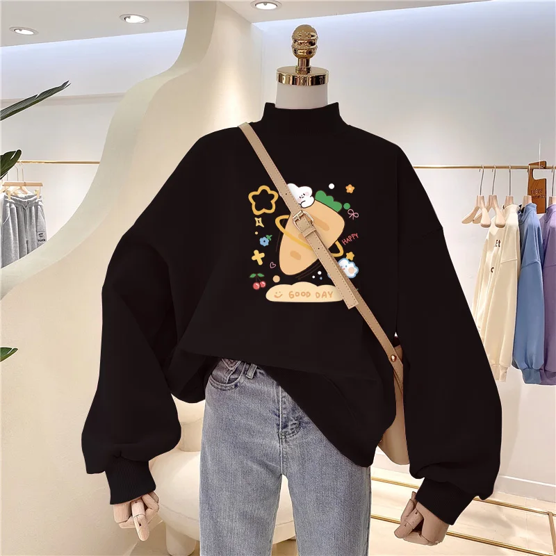 

L-3XL Plus Size Sweatshirts Oversized Pullover Women Velvet Lined Cartoon Print Puff Sleeves Casual Warm Baggy Mock Neck Jumper