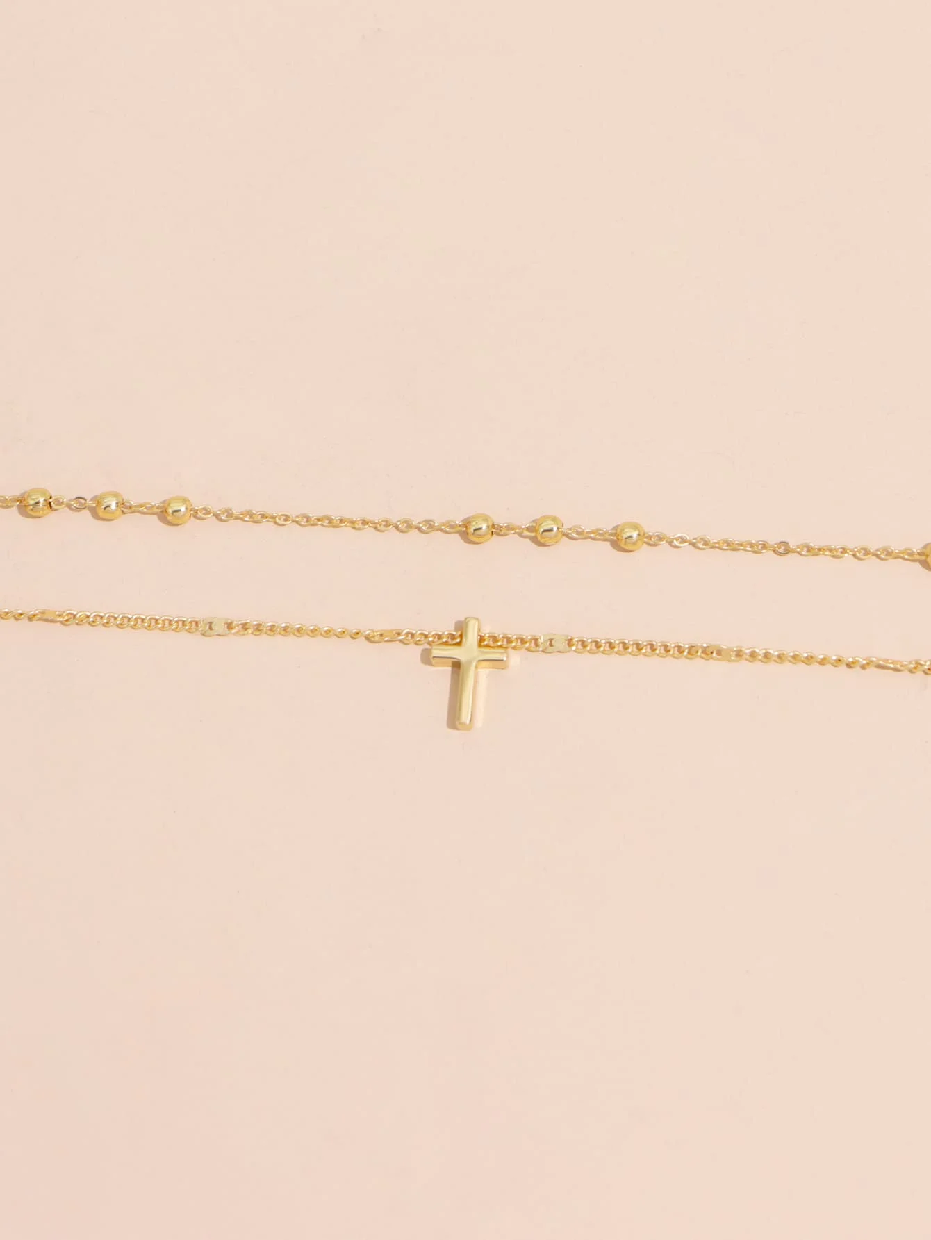 Vintage Cross Pendant Beads Chain Double Layer Necklace Ladies