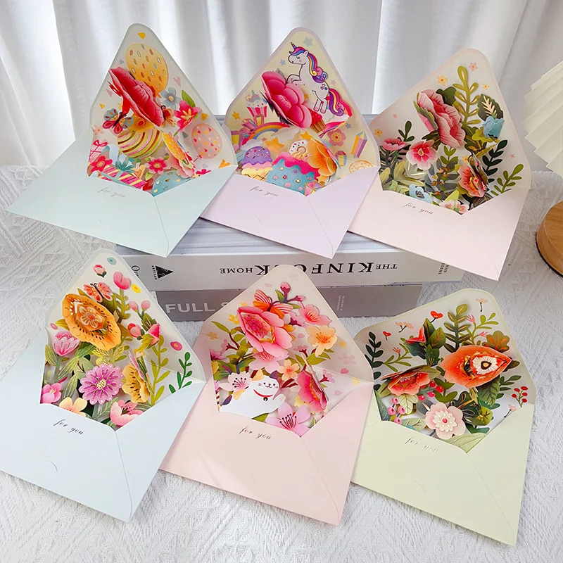 Greeting Cards New Romantic Flower Birthday Christmas Card 3D Pop-up Greeting Cards Set Postcard Party Wedding Decor Creative Gifts Cards