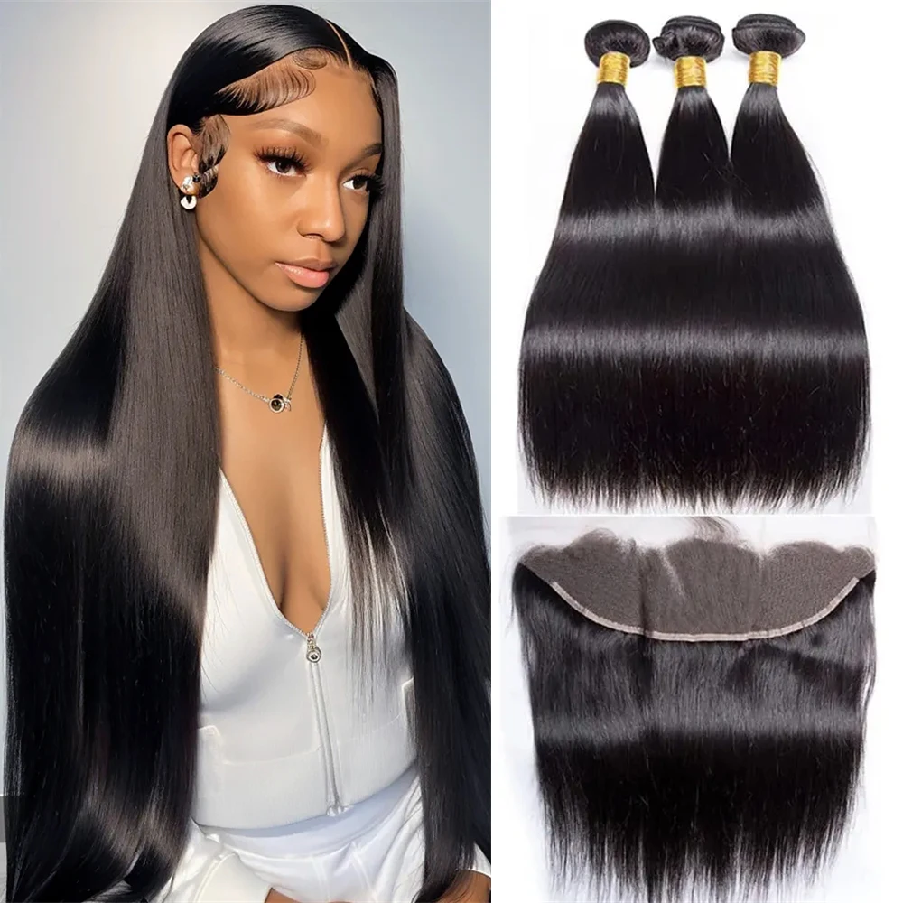 Straight Human Hair Bundles With Frontal Lace Frontal With Bundles Brazilian Hair Weave 3/4 13x4 Remy