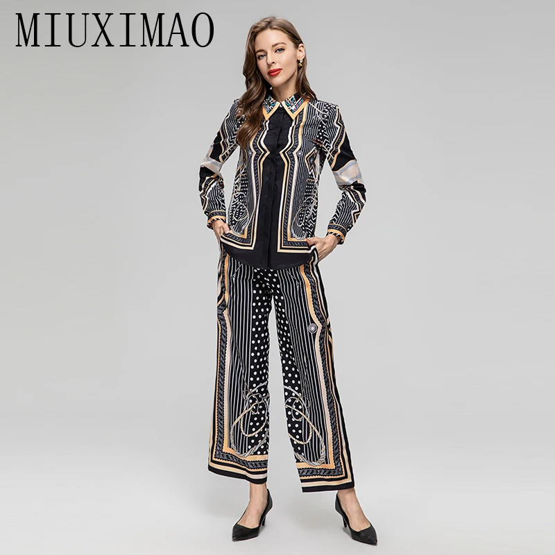 

Осень 2023, роскошный элегантный комплект MIUXIMAO со стразами, Сицилия, черный топ с принтом и облегающие брюки, Модный комплект из двух предметов, женские платья