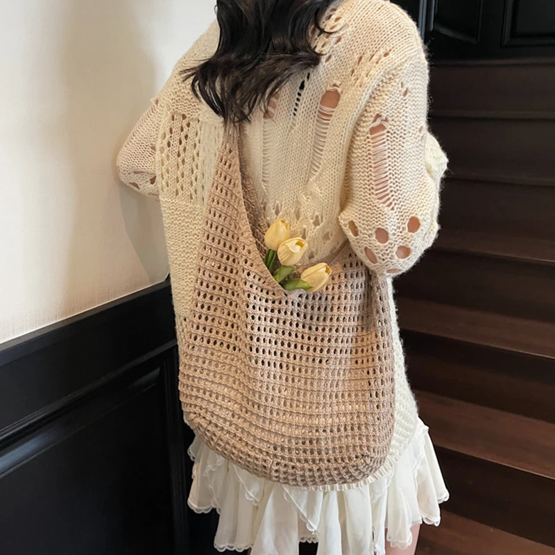 Crochet Shoulder Bag Leisure Beach Hollow Handbag Solid Color Vacation Woven Totes Bag Summer