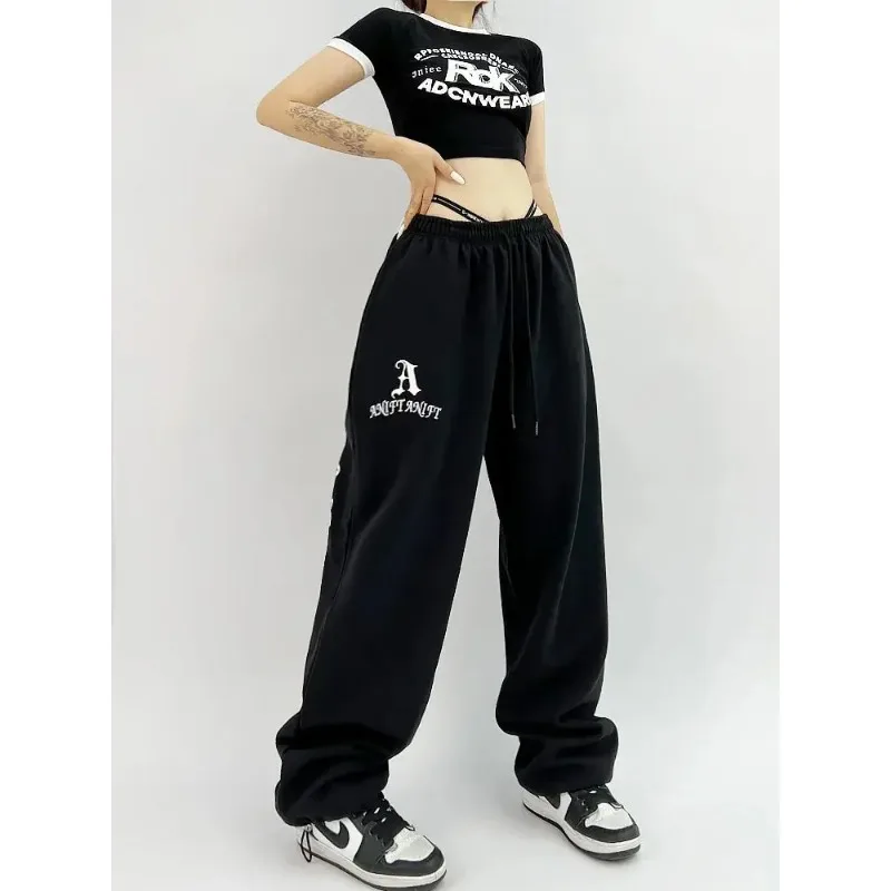 QWEEK Hip Hop Gothic Black Jogging Sweatpants Oversize Y2K Grunge Kpop Baggy Trousers Harajuku Graphic Wide Leg Sports Pants