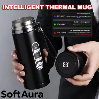 SoftAura Stainless Steel Thermos Bottle LED Temperature Display 500ML- 1L Sus304 Vacuum Flask Portable Cup 2026 New
