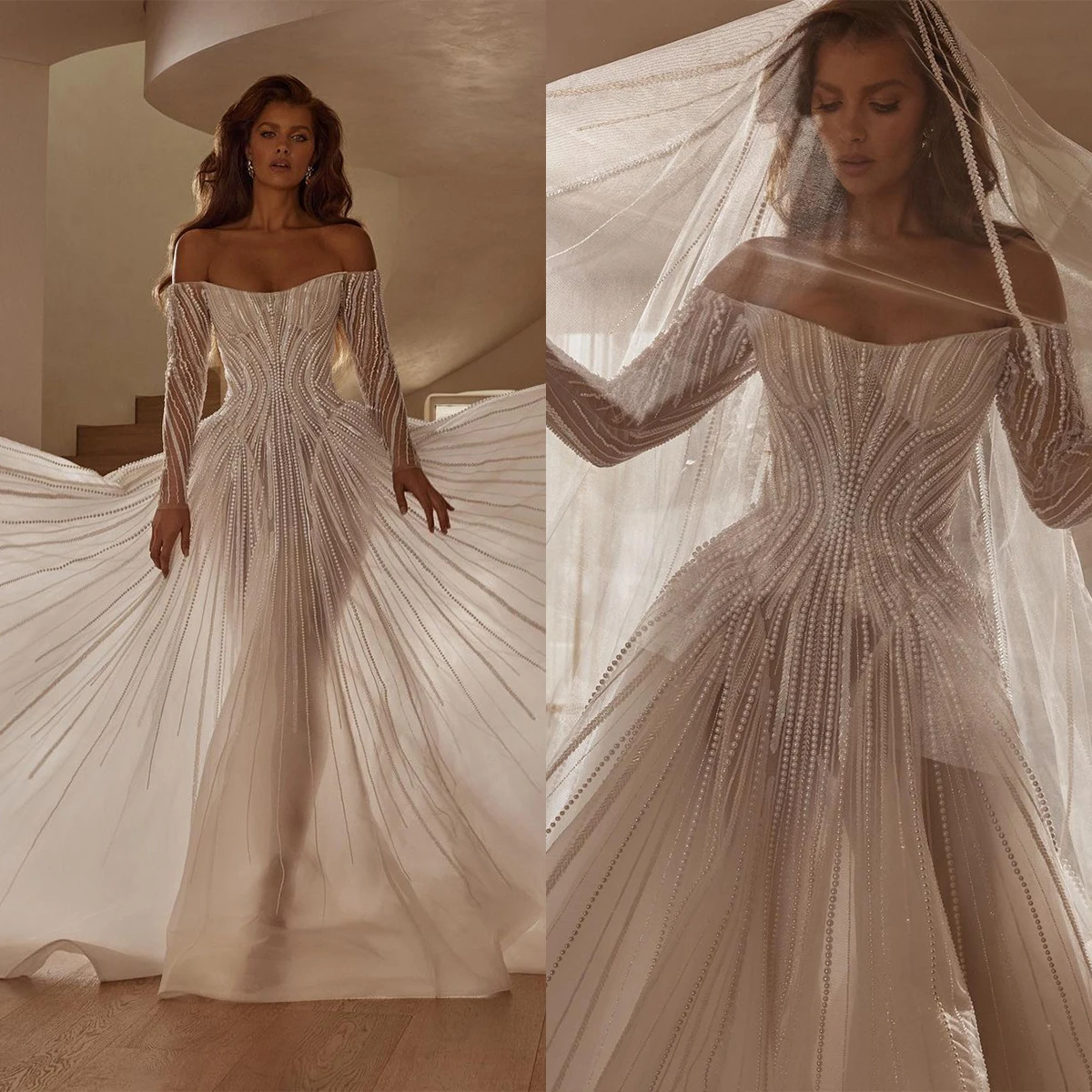 

Illusion Off The Shoulder A Line Wedding Dress Floor Length Pearls Saudi Arabic Full Sleeve Bridal Gown Custom Made